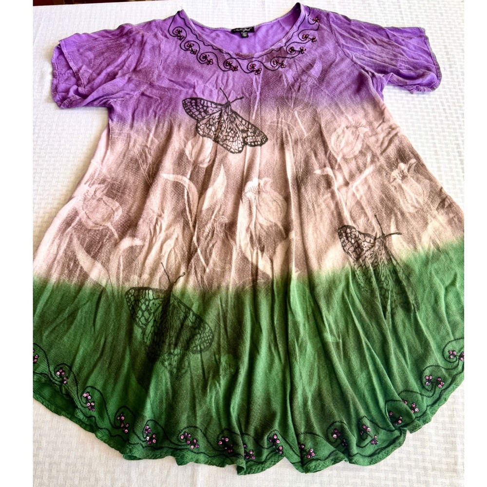 Greater Good Boho Butterfly Ombre Sequin Tunic Top Purple Green Plus Free Size